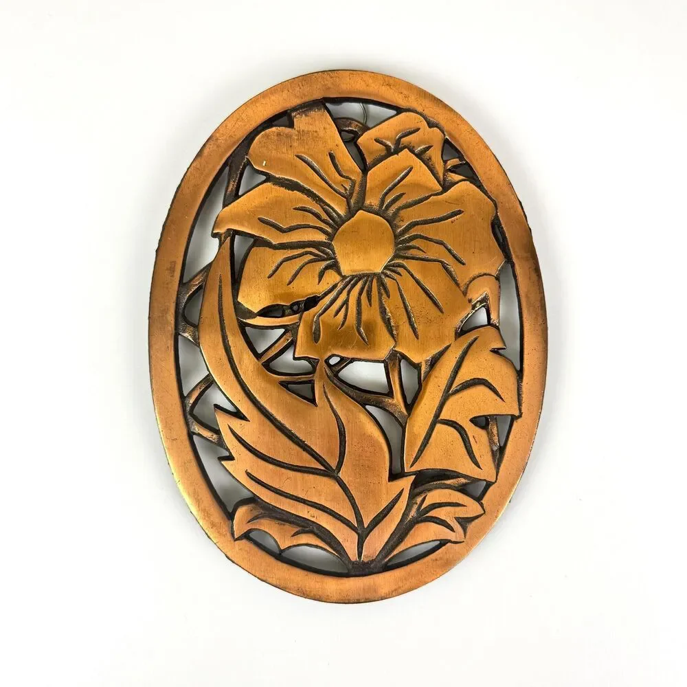 Vintage 80’s Floral Cast Iron Trivet Wall Hanging / Copper Brushed Finish